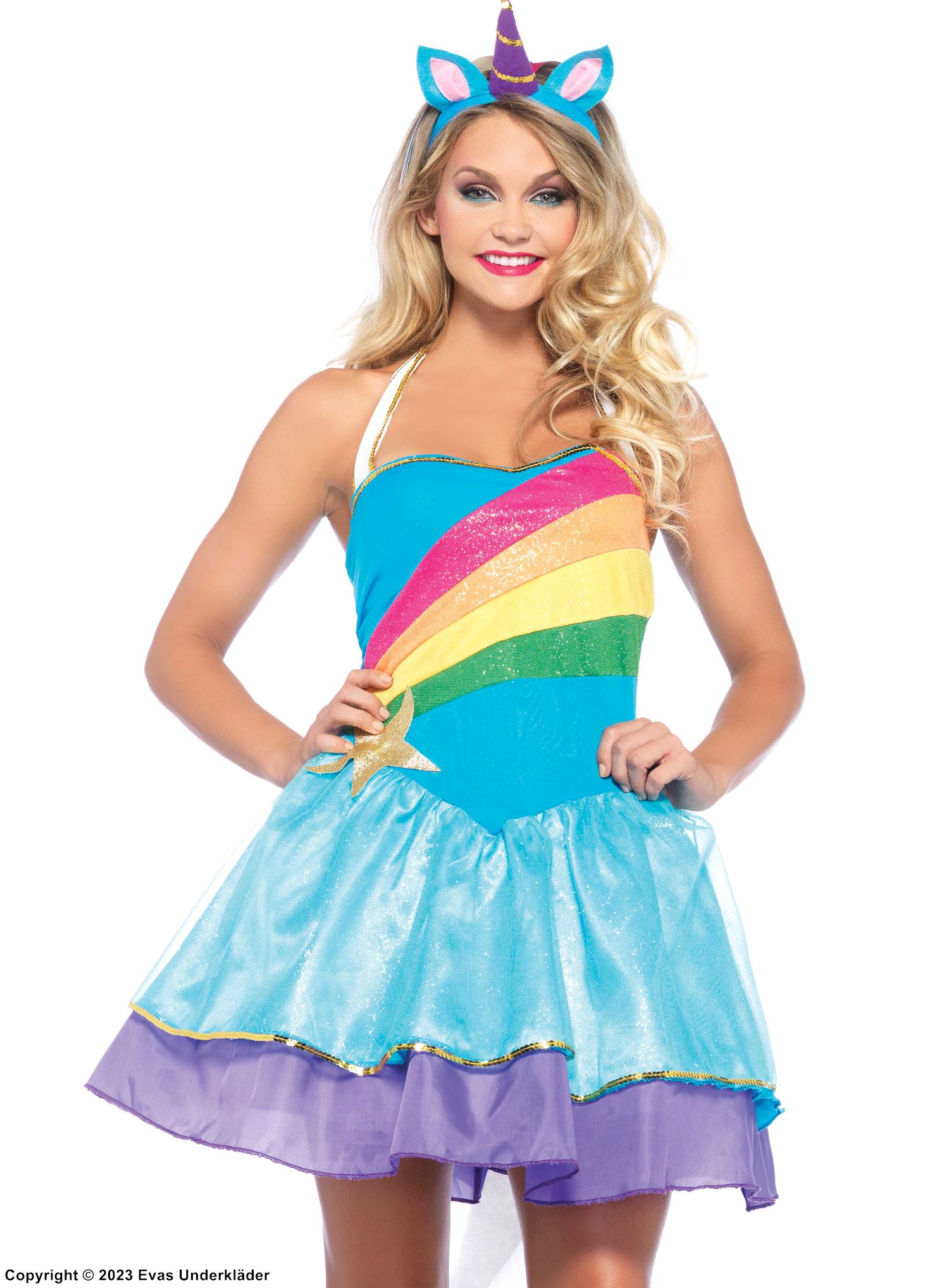 Unicorn (woman), costume dress, halterneck, star, rainbow color